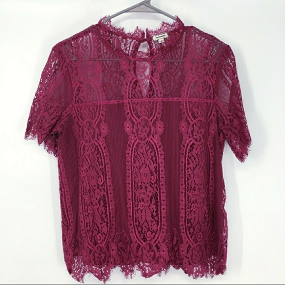 Eyeshadow Short Sleeve Lace Top Maroon Women's XS Keyhole Back Sheer Lined EUC - Picture 1 of 9